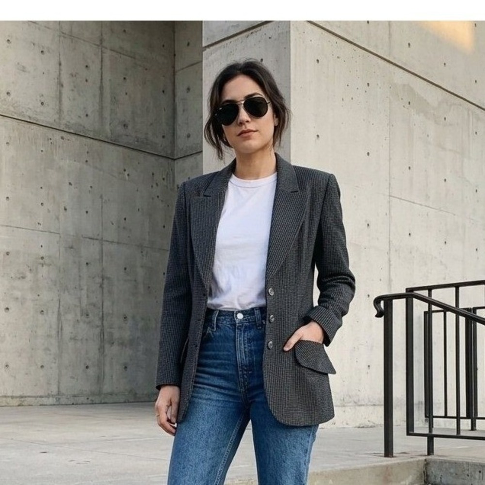 All That Jazz Blazer Women 5/6 Gray Vintage 90s Micro Check Tailored Longline